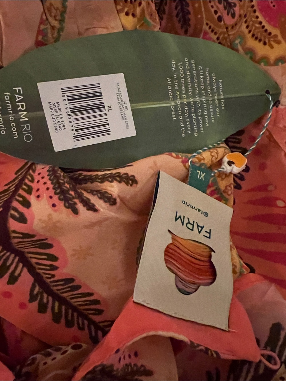 FARM Rio Palm Scarf Sand Coral Pink & Yellow Tropical Print Maxi Dress, NWT, XL - Picture 5 of 11